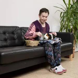 Frau sitzt am Sofa und streichelt einen Hamster