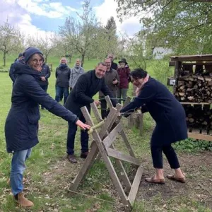 Viele Menschen zersägen einen Baumstamm