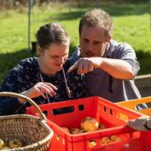 Zwei Menschen schälen Äpfel