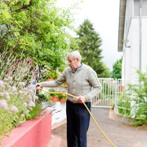 Alter Mann gießt mit einem Schlauch Blumen