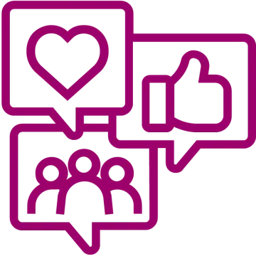 Drei Sprechblasen mit Symbolen