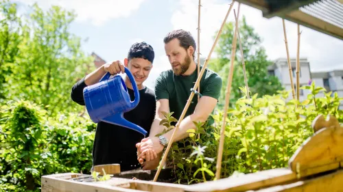 Ein Junge gießt ein Hochbeet